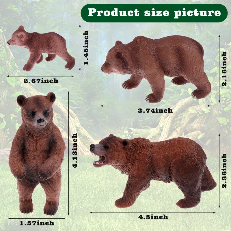 Beupy 4 Pack Realistic Bear Figurines Toys Plastic Forest Animal Brown Bear Family Figures Educational Learning Playset Small Brown Bear Toys Miniature Woodland Creature Party Supplies Cake Toppers - Image 2