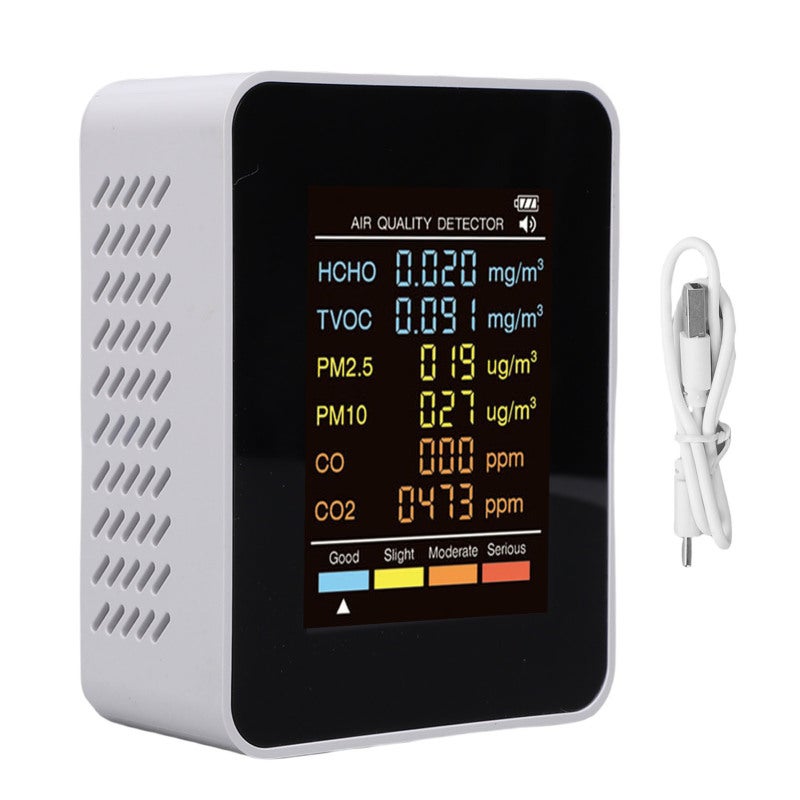 Indoor Air Quality Monitor: 6-In-One Detection Portable Air Quality Tester - Large Clear Screen Color-Coded Alerts Rechargeable Long Battery Life for Home Office Car - Image 1