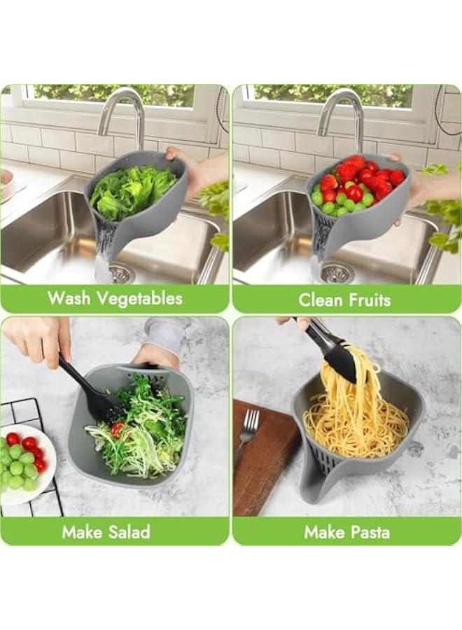 هوكور سلة تصريف متعددة الوظائف، وعاء مصفاة صغير مع فوهة لغسل سلطة الفواكه والخضروات، مصفاة باستا سيليكون آمنة للغسل في غسالة الصحون - Image 4