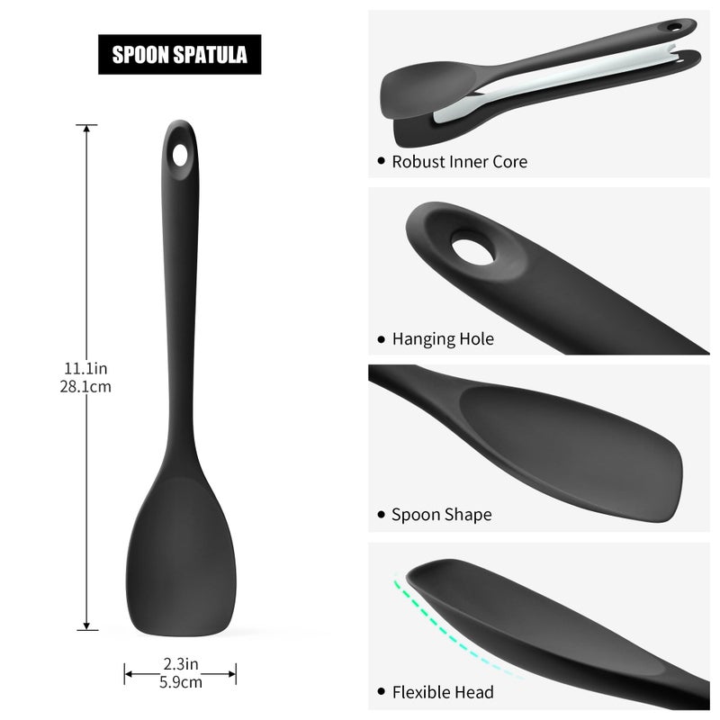 Doosu Silicone Spoon Spatula, 600ÂºF Heat-Resistant Food Grade Rubber Spoonula with Seamless Design, Non-Stick Flexible Scraper Kitchen Cooking Spoon Baking Tool for Mixing, Scraping (Black) - Image 2