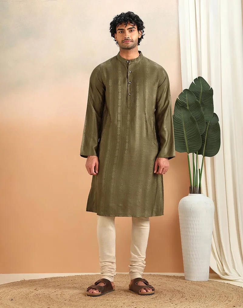 فاب انديا Olive Viscose Blend Dobby Slim Fit Long Kurta