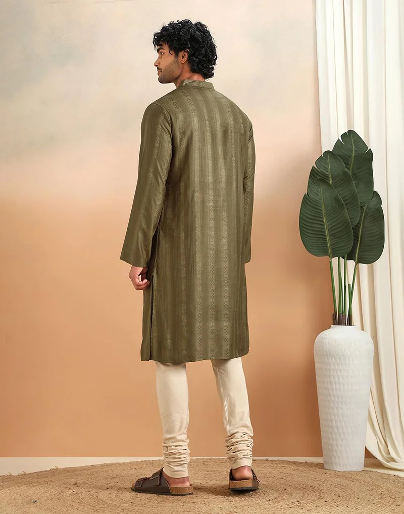 Fabindia  Olive Viscose Blend Dobby Slim Fit Long Kurta for Men | Best Price UAE