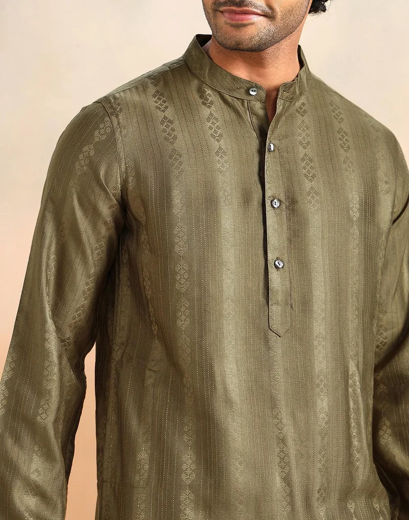 Fabindia  Olive Viscose Blend Dobby Slim Fit Long Kurta for Men | Best Price UAE