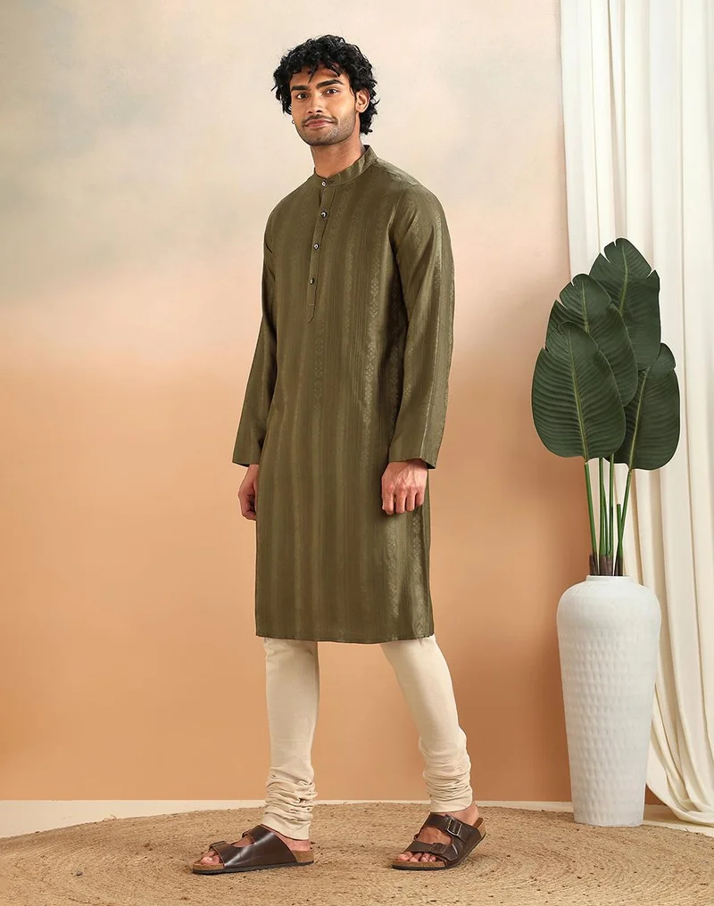 Fabindia  Olive Viscose Blend Dobby Slim Fit Long Kurta for Men | Best Price UAE
