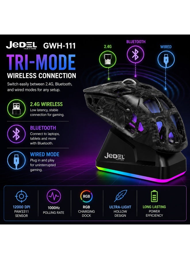 JeDEL GWH-111 Tri-Mode Wireless RGB Gaming Mouse – 12000 DPI, PAW3311 Sensor, 1000Hz Polling Rate, RGB Charging Dock - Image 3
