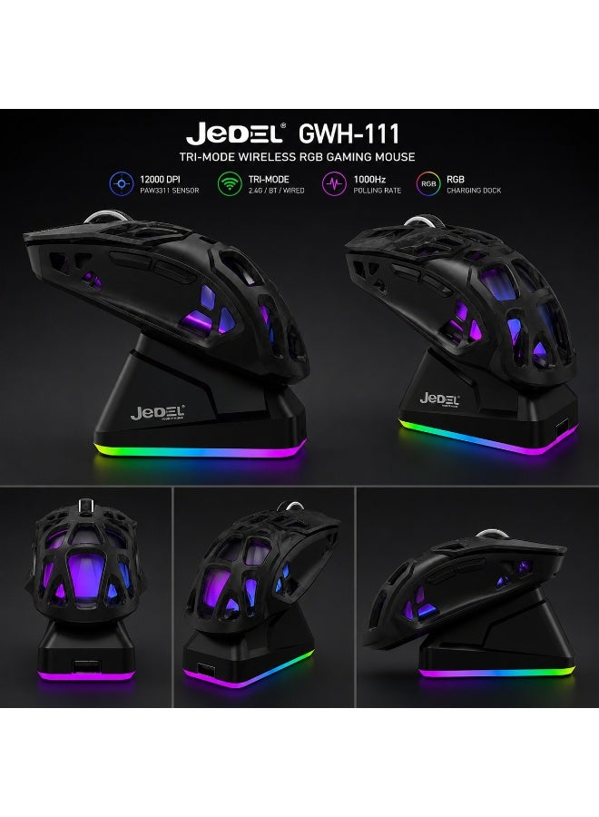 JeDEL GWH-111 Tri-Mode Wireless RGB Gaming Mouse – 12000 DPI, PAW3311 Sensor, 1000Hz Polling Rate, RGB Charging Dock - Image 4