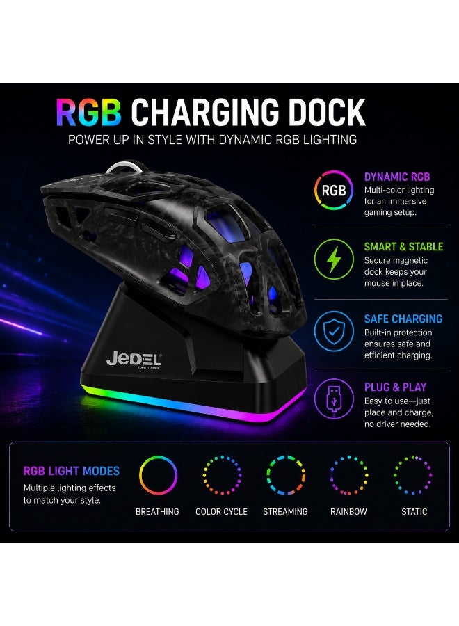 JeDEL GWH-111 Tri-Mode Wireless RGB Gaming Mouse – 12000 DPI, PAW3311 Sensor, 1000Hz Polling Rate, RGB Charging Dock - Image 2