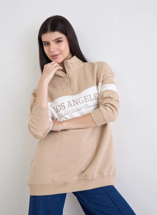 Styli Beige Slogan Print Longline Sweatshirt