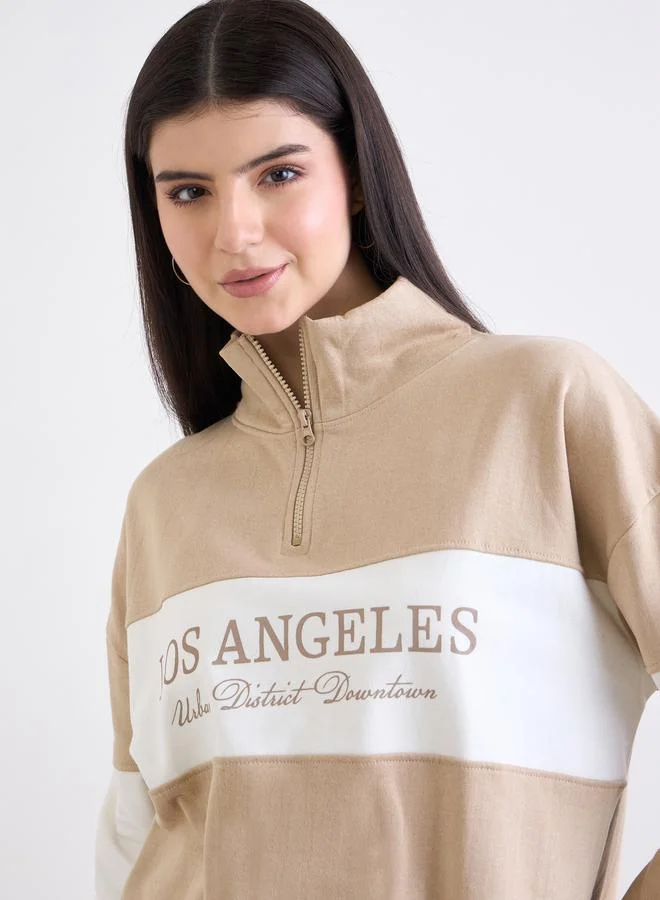Styli Beige Slogan Print Longline Sweatshirt