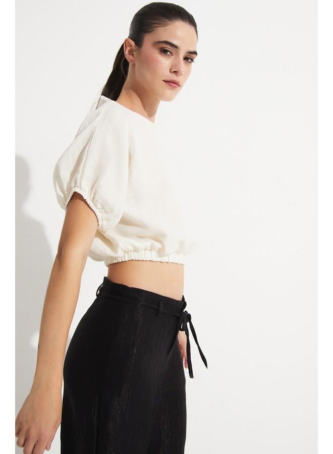 جون بلوزة قطنية قصيرة نسائية يونيو - لون إكرو - Image 2