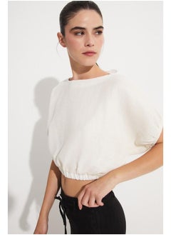 JUNE June Women 100% Cotton Crop Blouse Ecru  - Image 4