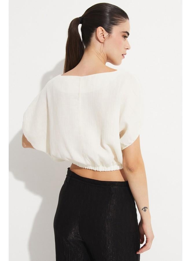 جون بلوزة قطنية قصيرة نسائية يونيو - لون إكرو - Image 5