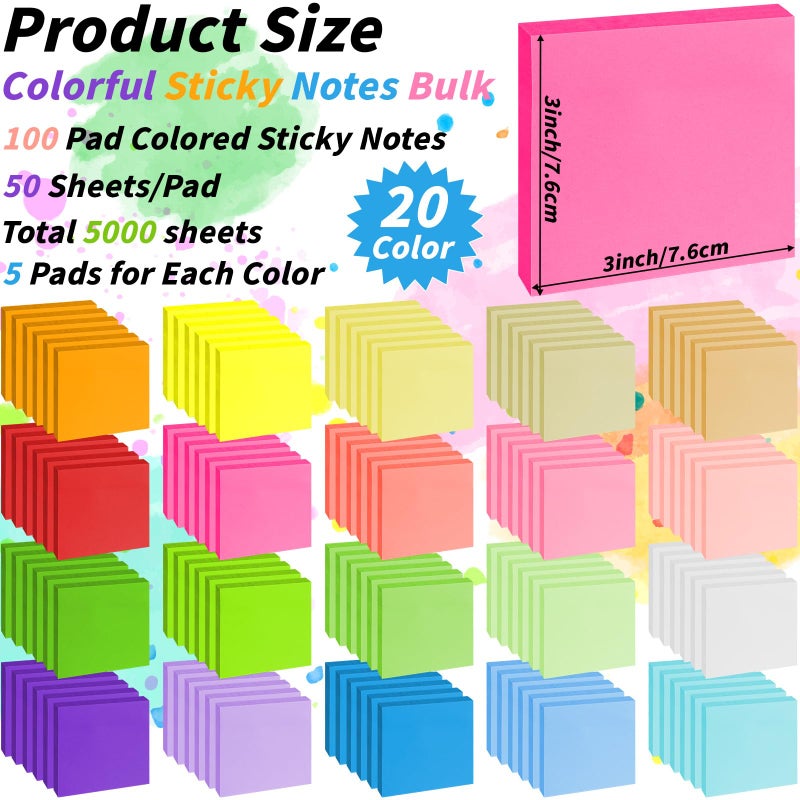 Oleitodh 100 Pack Sticky Notes Bulk 3 x 3 in Self-Stick Note Pads Colorful Posted Note in 20 Colors Adhesive Paper Memo 50 Sheets/Pad Easy to Post for Office Home School Meetings Notebook Wall Door Window - Image 2