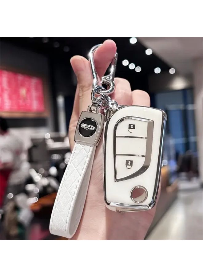 White Car Key Case Cover With Keychain For Multiple Models - Image 2