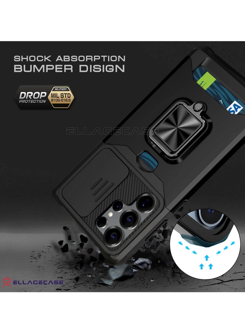 ELLAGECASE حافظة مقاومة للصدمات مع فتحة بطاقة، قاعدة وحماية كاميرا قوية لجهاز سامسونج جالاكسي S25 ألترا – تشمل لوحة معدنية مخفية - Image 2