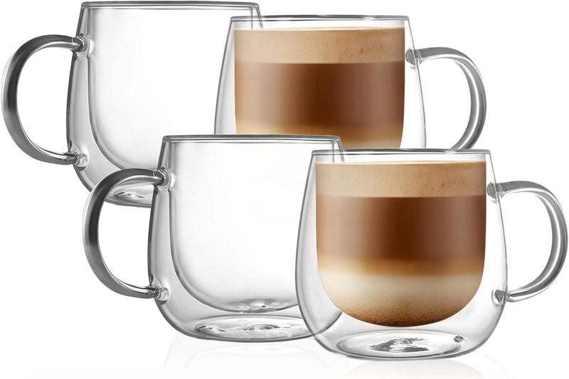 CnGlass 16oz Double Walled Glass Coffee Mugs(4-pack),Large Clear Coffee Cups with Handle,Glass Espresso Mugs for Latte,Cappuccino,Tea - Image 1