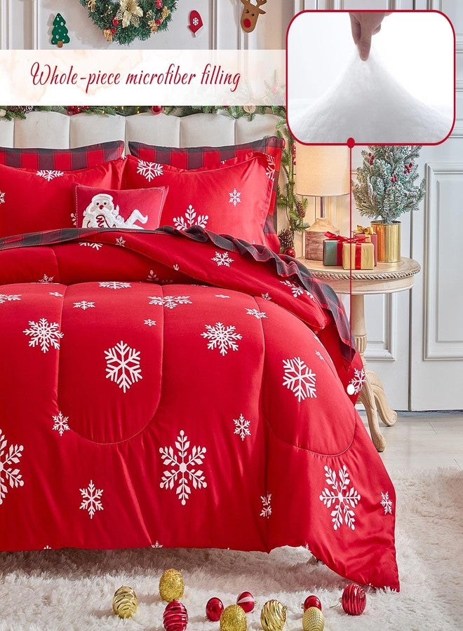 Tititada Christmas Bed in a Bag 7 Pcs Queen Size, White Snowflake on Red Holiday Bedding Comforter Set Warm for Winter(1 Comforter, 1 Flat Sheet, 1 Fitted Sheet, 2 Pillow Shams, 2 Pillowcases) - Image 2