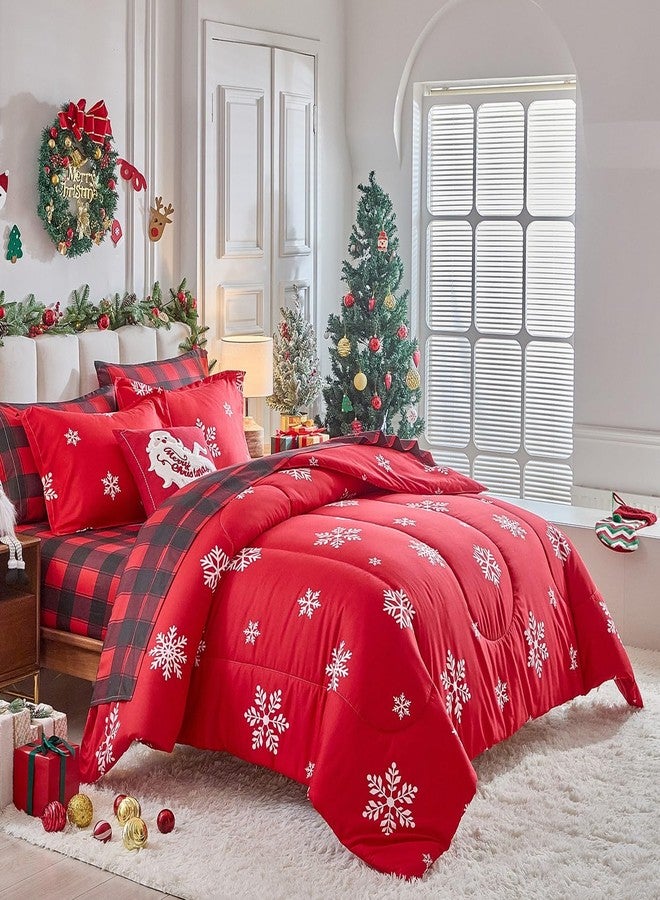 Tititada Christmas Bed in a Bag 7 Pcs Queen Size, White Snowflake on Red Holiday Bedding Comforter Set Warm for Winter(1 Comforter, 1 Flat Sheet, 1 Fitted Sheet, 2 Pillow Shams, 2 Pillowcases) - Image 1