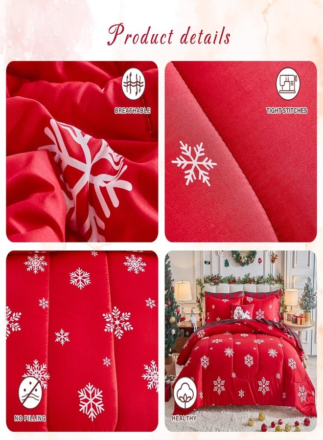 Tititada Christmas Bed in a Bag 7 Pcs Queen Size, White Snowflake on Red Holiday Bedding Comforter Set Warm for Winter(1 Comforter, 1 Flat Sheet, 1 Fitted Sheet, 2 Pillow Shams, 2 Pillowcases) - Image 3