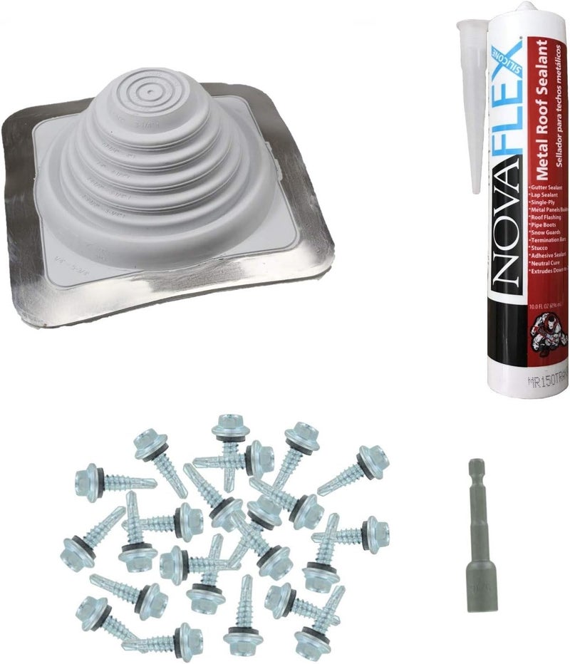 Fasteners Plus Store #3 Square EPDM Metal Roof Pipe Flashing Boot Kit - Fits 1/4" - 5-3/4" Pipe OD - Includes Flashing, NovaFlex Sealant & Roofing Stitch Screws - Gray (Made in USA) - Image 1