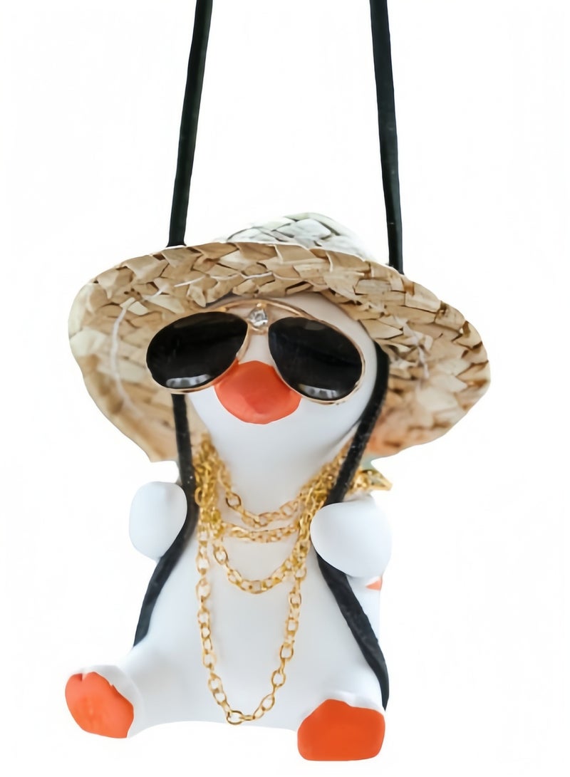 Generic Swing Duck Car Hanging Ornament, Cute Car Hanging Accessories for Rear View Mirror Car Pendant Duck Hanging Swing for Car Mirror Auto Interior Charms Decoration Straw Hat Schoolbag Style Duck Ornament  - Image 1