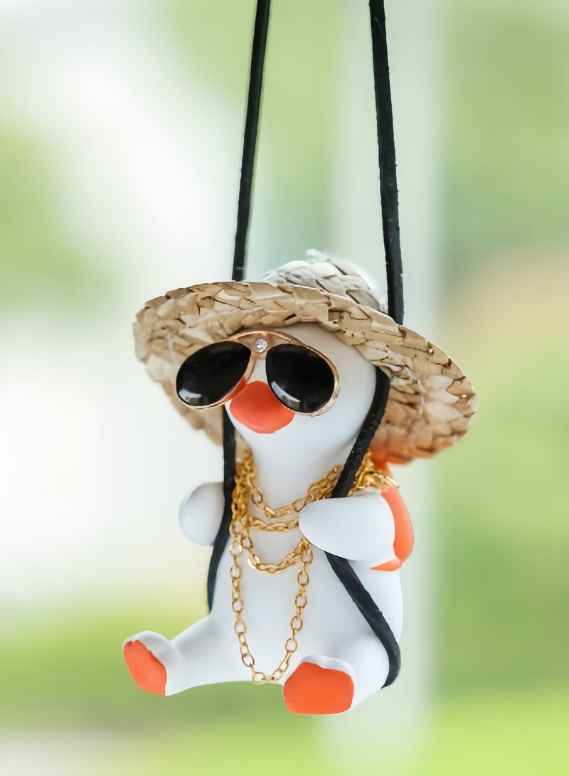 Generic Swing Duck Car Hanging Ornament, Cute Car Hanging Accessories for Rear View Mirror Car Pendant Duck Hanging Swing for Car Mirror Auto Interior Charms Decoration Straw Hat Schoolbag Style Duck Ornament  - Image 2