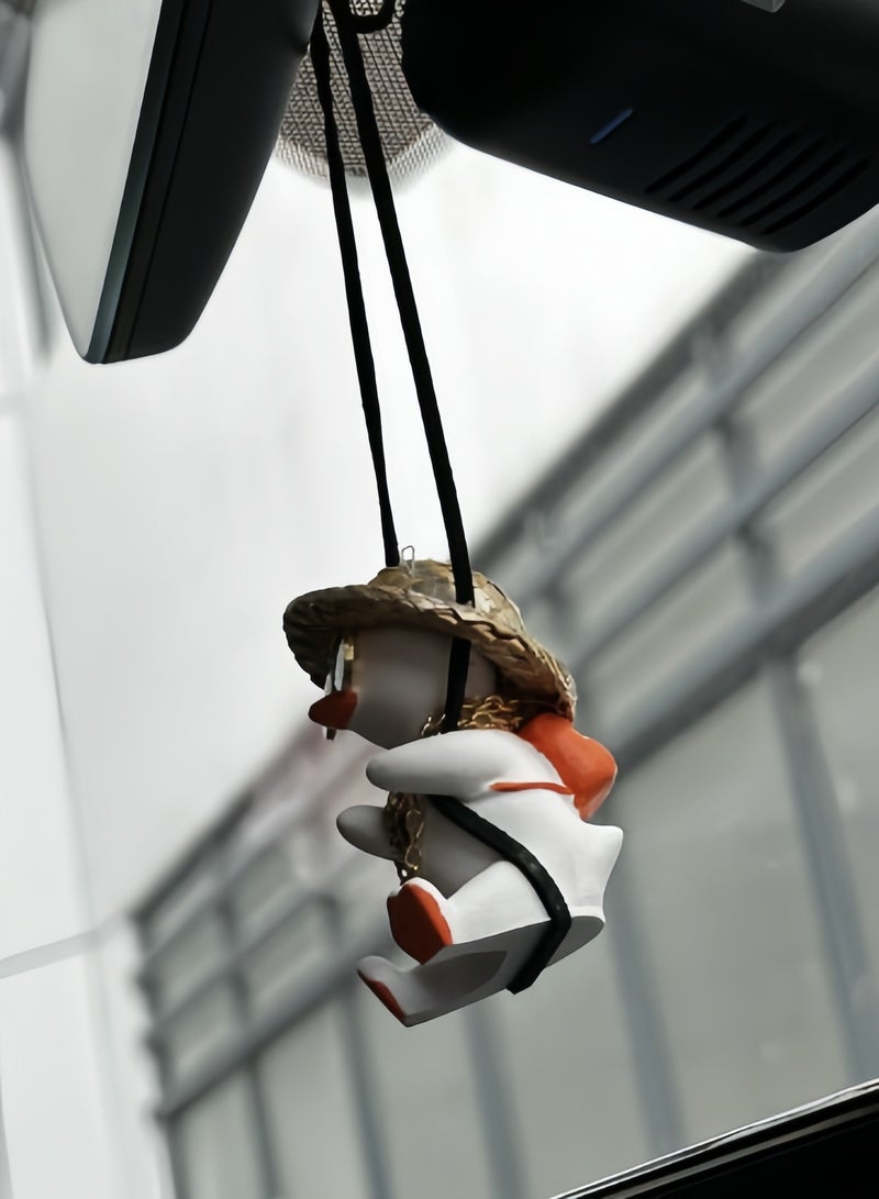 Generic Swing Duck Car Hanging Ornament, Cute Car Hanging Accessories for Rear View Mirror Car Pendant Duck Hanging Swing for Car Mirror Auto Interior Charms Decoration Straw Hat Schoolbag Style Duck Ornament  - Image 3