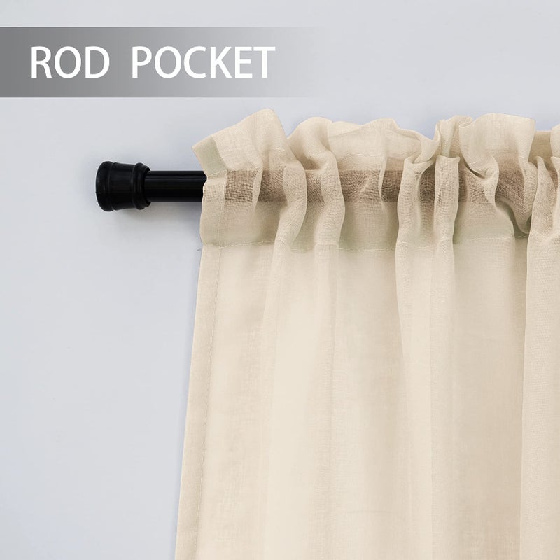 UPOPO Beige Sheer Curtains 45 inches Long Kitchen Dining Living Room Curtain Sheers Basement 2 Panels Voile Transparent Bedroom Drapes Linen Textured Rod Pocket Window Treatment Set - Image 3