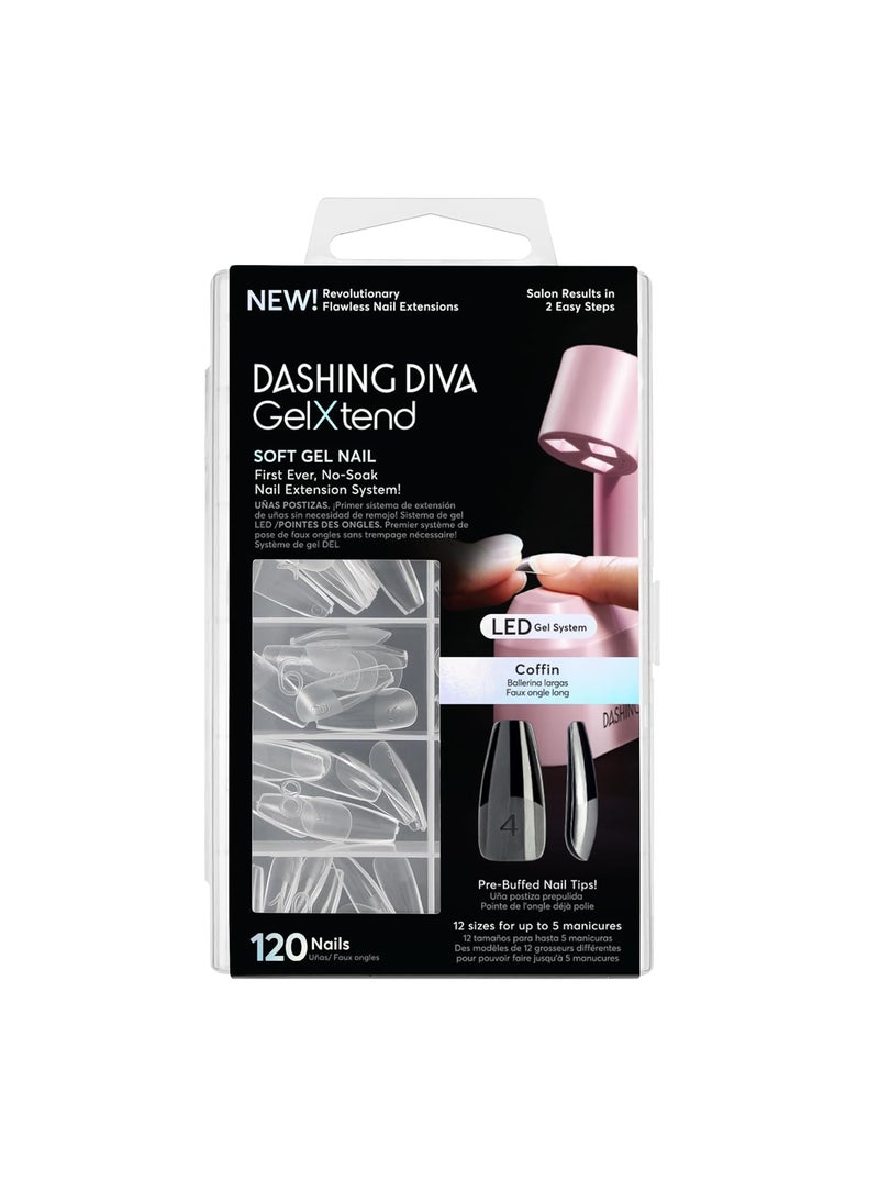 DASHING DIVA Dashing Diva GelXtend Nail Tips - Clear, Long Coffin - Press On Nails with LED Glue - Lasts Up to 14 Days - Clear 