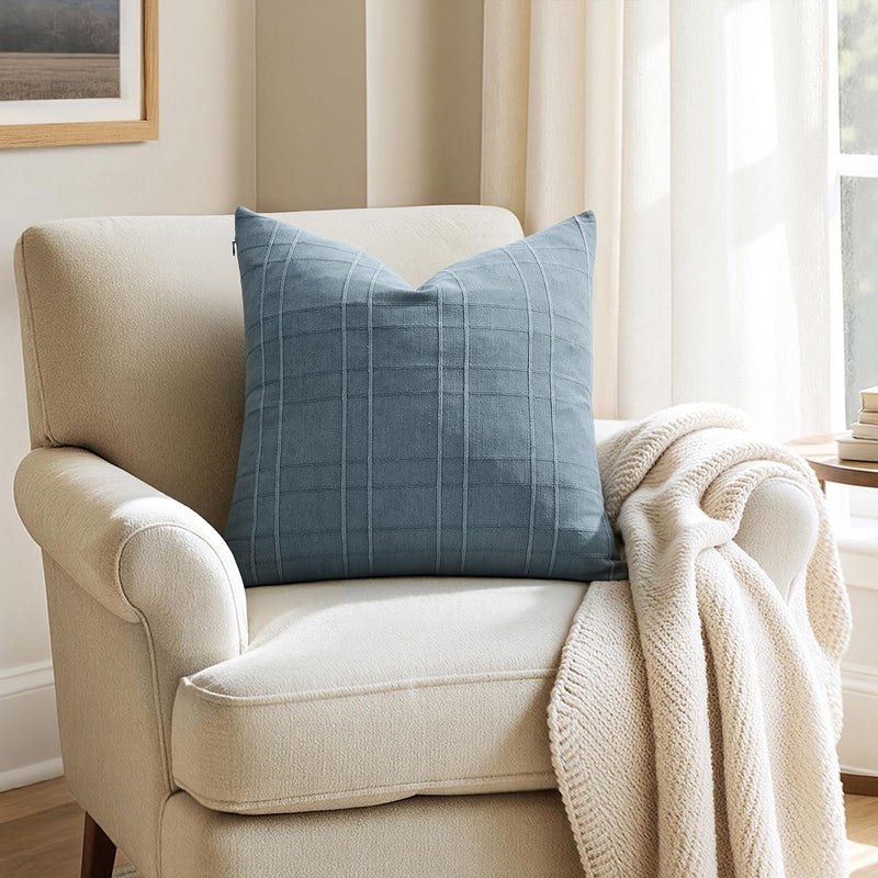 MIULEE Decorative Linen Check Throw Pillow Covers Neutral Farmhouse Vintage Pillow Covers 18x18 Set of 2 Boho Modern Home Decor for Sofa Couch Bedroom Cushion Blue Grey - Image 4