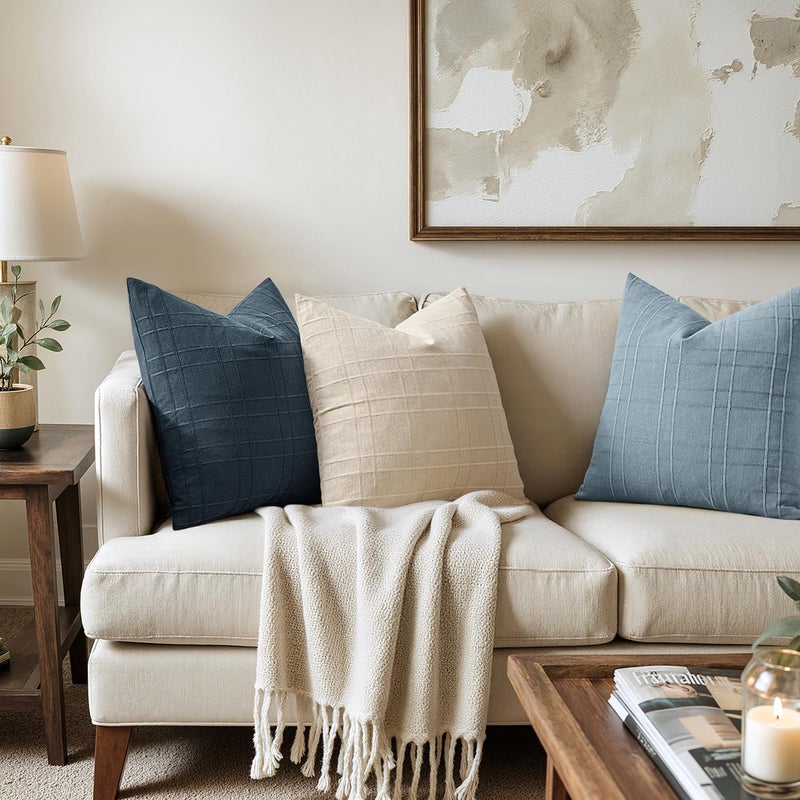 MIULEE Decorative Linen Check Throw Pillow Covers Neutral Farmhouse Vintage Pillow Covers 18x18 Set of 2 Boho Modern Home Decor for Sofa Couch Bedroom Cushion Blue Grey - Image 5
