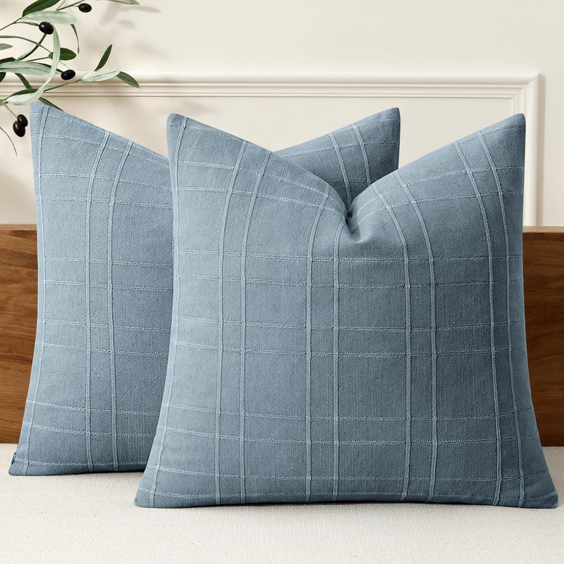 MIULEE Decorative Linen Check Throw Pillow Covers Neutral Farmhouse Vintage Pillow Covers 18x18 Set of 2 Boho Modern Home Decor for Sofa Couch Bedroom Cushion Blue Grey - Image 1