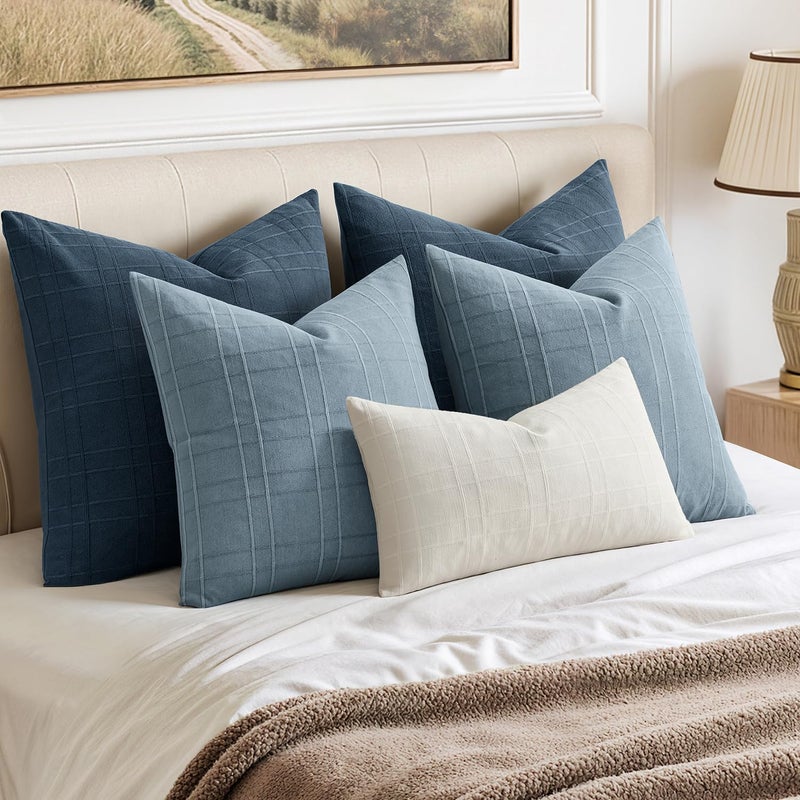 MIULEE Decorative Linen Check Throw Pillow Covers Neutral Farmhouse Vintage Pillow Covers 18x18 Set of 2 Boho Modern Home Decor for Sofa Couch Bedroom Cushion Blue Grey - Image 3