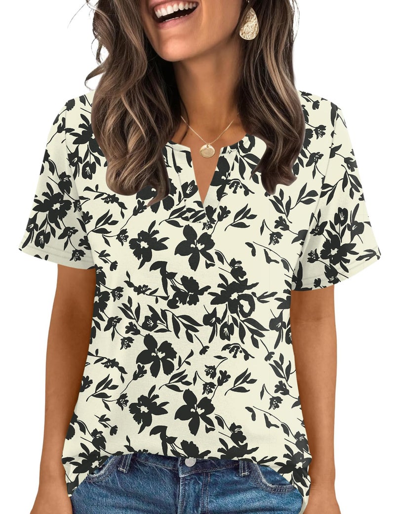 LOMON V Neck Tops for Women Short Sleeve Shirts Summer Casual Work Outfits Trendy Fashion Blouses (Apricot Black Floral, XXL) - Image 2