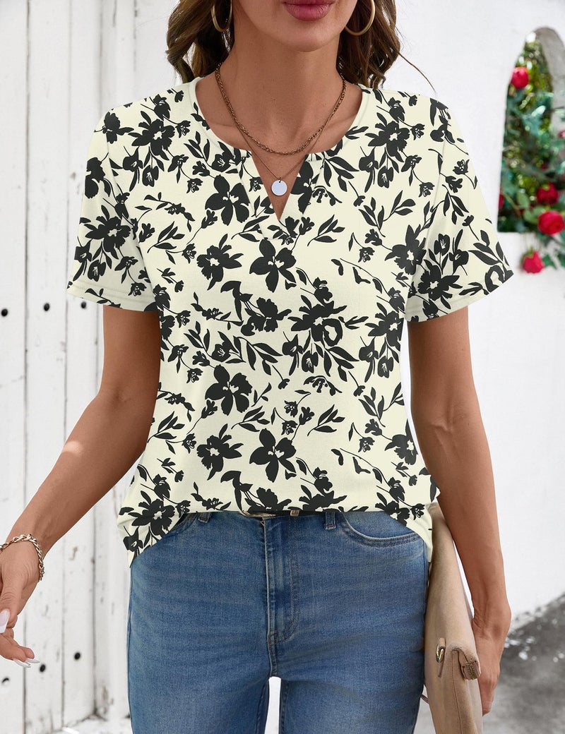 LOMON V Neck Tops for Women Short Sleeve Shirts Summer Casual Work Outfits Trendy Fashion Blouses (Apricot Black Floral, XXL) - Image 3