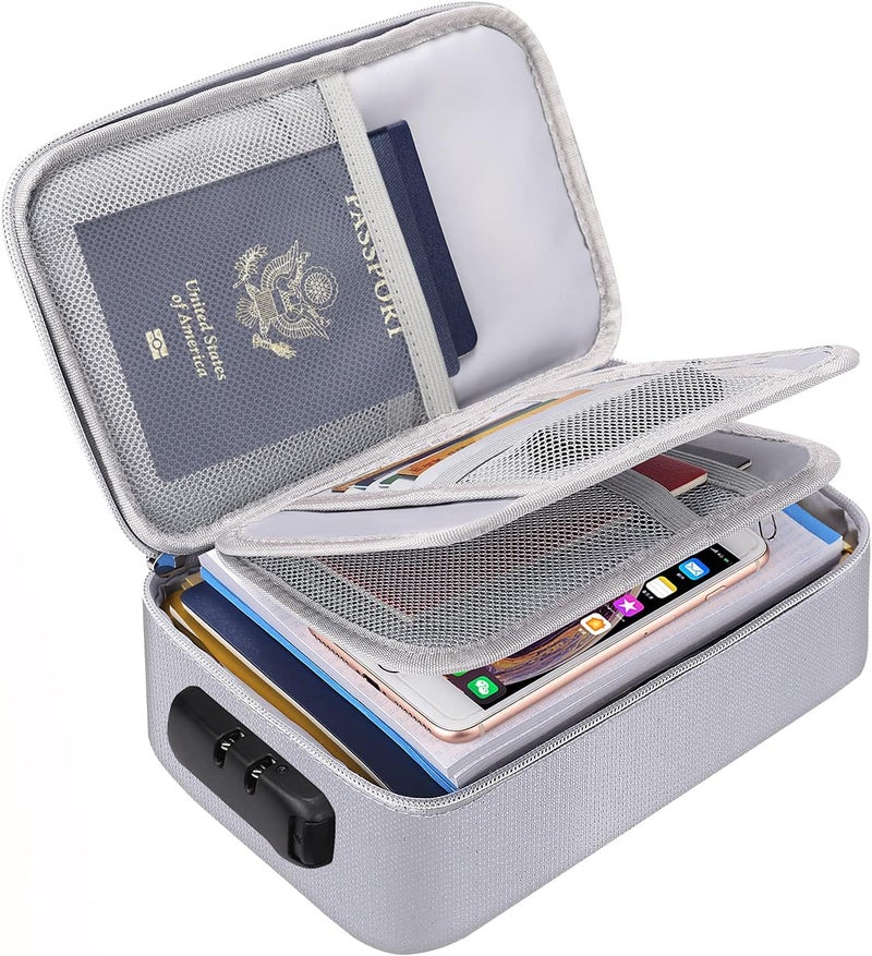 ENGPOW Small Fireproof Storage Organizer Case with Lock(9”x 5.3”x 3.7”), Soft Money Safe Coin Organizer Wallet Bag for Cash,Card,Passport,Check,Bill,Travel Home Organizer Carrying Case,Silver - Image 1