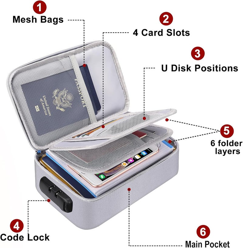 ENGPOW Small Fireproof Storage Organizer Case with Lock(9”x 5.3”x 3.7”), Soft Money Safe Coin Organizer Wallet Bag for Cash,Card,Passport,Check,Bill,Travel Home Organizer Carrying Case,Silver - Image 3