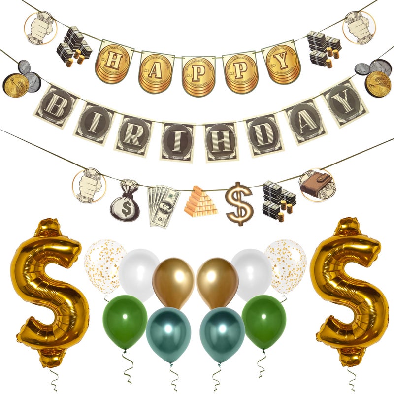 Pirese Money Happy Birthday Banner, Money Birthday Decorations, Money Party Decorations - Image 1
