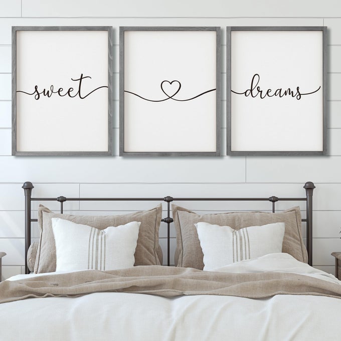 SET OF 3 FRAMED FARMHOUSE SWEET DREAMS SIGN 11X14 ABOVE BED WALL DECOR FOR BEDROOM DECOR WALL ART WOOD SIGNS 11X14 GRAY