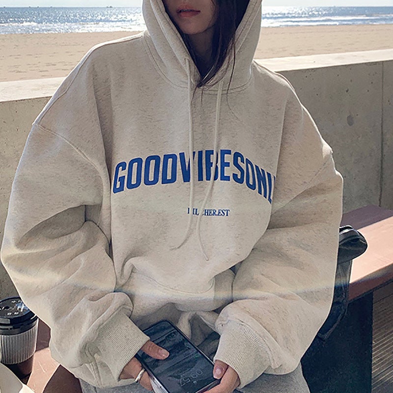 fleece-lined Hooded Sweatshirt Womens Autumn and Winter New Loose Letter Printing Korean Style Fashion Students Coat Long Sleeve Top Trendy 04 oatmeal gray