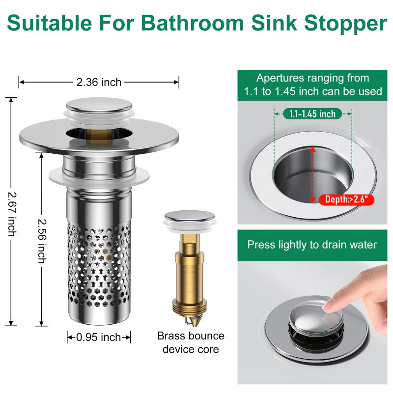 Mengine â€‹Bathroom Sink Drain Strainer,Universal Pop-Up Sink Stopper Hair Catcher, Anti-Clog Stainless Steel Drain Filter Basket, Removable Sink Drain for Bathroom Sink Stopper - Image 2