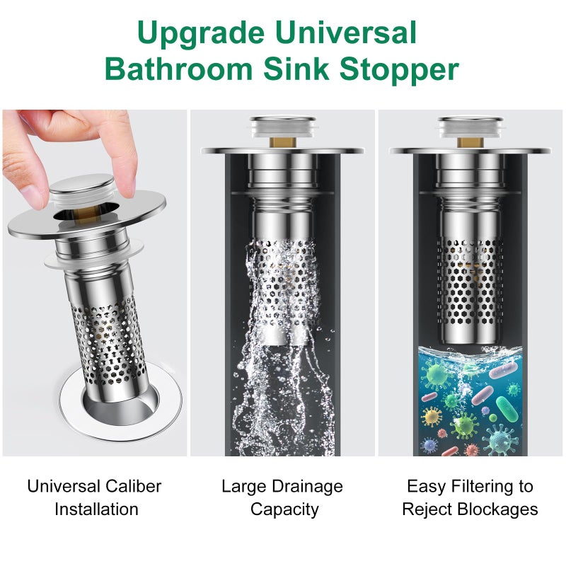 Mengine â€‹Bathroom Sink Drain Strainer,Universal Pop-Up Sink Stopper Hair Catcher, Anti-Clog Stainless Steel Drain Filter Basket, Removable Sink Drain for Bathroom Sink Stopper - Image 3