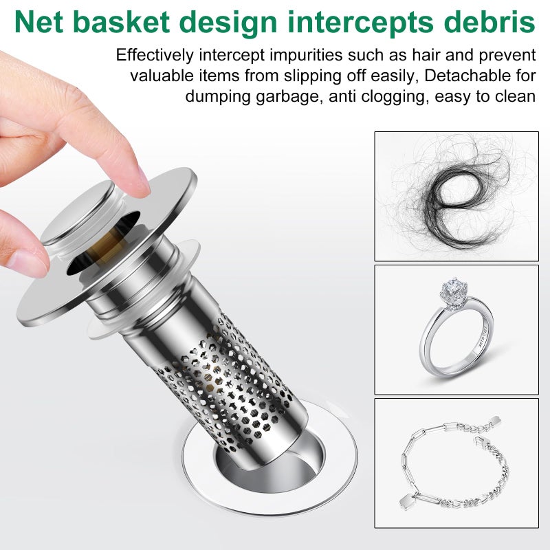 Mengine â€‹Bathroom Sink Drain Strainer,Universal Pop-Up Sink Stopper Hair Catcher, Anti-Clog Stainless Steel Drain Filter Basket, Removable Sink Drain for Bathroom Sink Stopper - Image 5