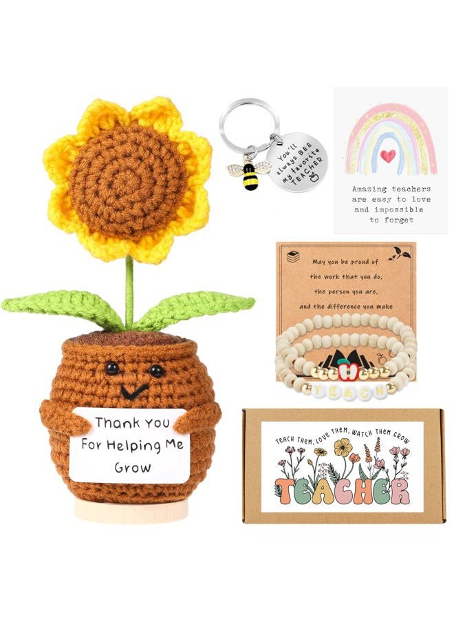 Lamyba Teacher Appreciation Gifts for Women,Handmade Positive Sunflower Crochet Doll, Inspirational Card, Keychains, Bracelet & Gift Box, Easter/Thank You Gifts for Teacher, Yellow - Image 1