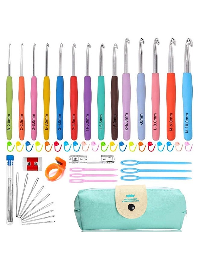 مجموعة خطافات كروشيه بـ 14 مقاسًا، مجموعة خطافات كروشيه من 53 قطعة للمبتدئين، إبر حياكة بمقابض مريحة للأيدي المصابة بالتهاب المفاصل، مجموعة خطافات كروشيه مع صندوق أزرق لمحترفي الكروشيه - Image 1
