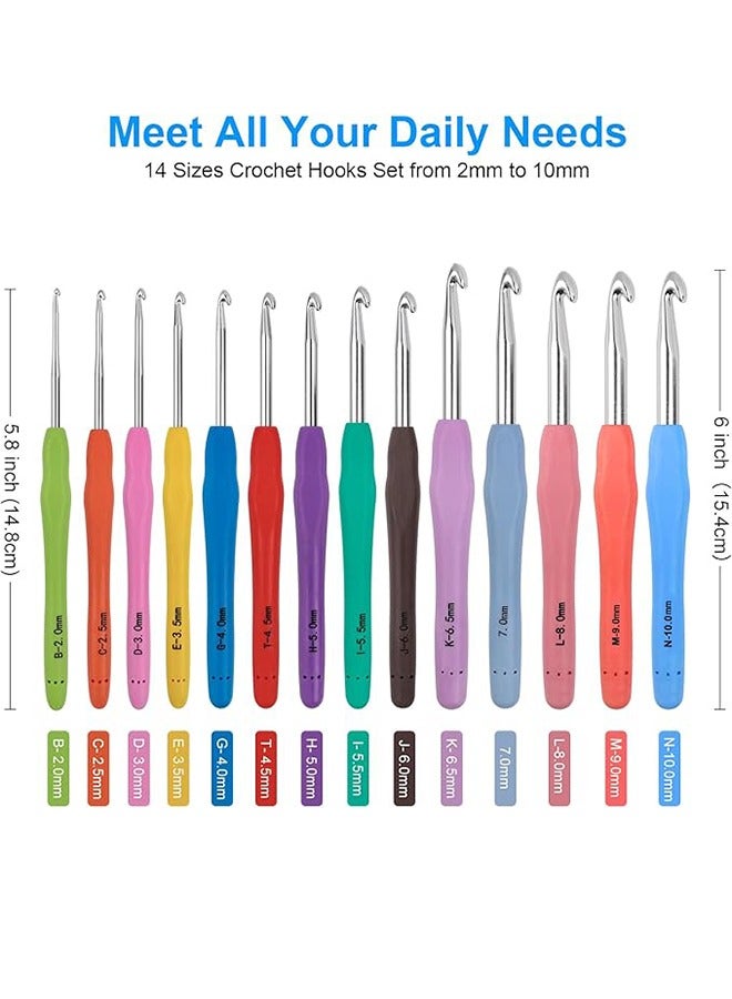 مجموعة خطافات كروشيه بـ 14 مقاسًا، مجموعة خطافات كروشيه من 53 قطعة للمبتدئين، إبر حياكة بمقابض مريحة للأيدي المصابة بالتهاب المفاصل، مجموعة خطافات كروشيه مع صندوق أزرق لمحترفي الكروشيه - Image 2