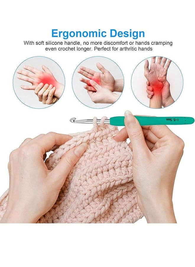 مجموعة خطافات كروشيه بـ 14 مقاسًا، مجموعة خطافات كروشيه من 53 قطعة للمبتدئين، إبر حياكة بمقابض مريحة للأيدي المصابة بالتهاب المفاصل، مجموعة خطافات كروشيه مع صندوق أزرق لمحترفي الكروشيه - Image 4