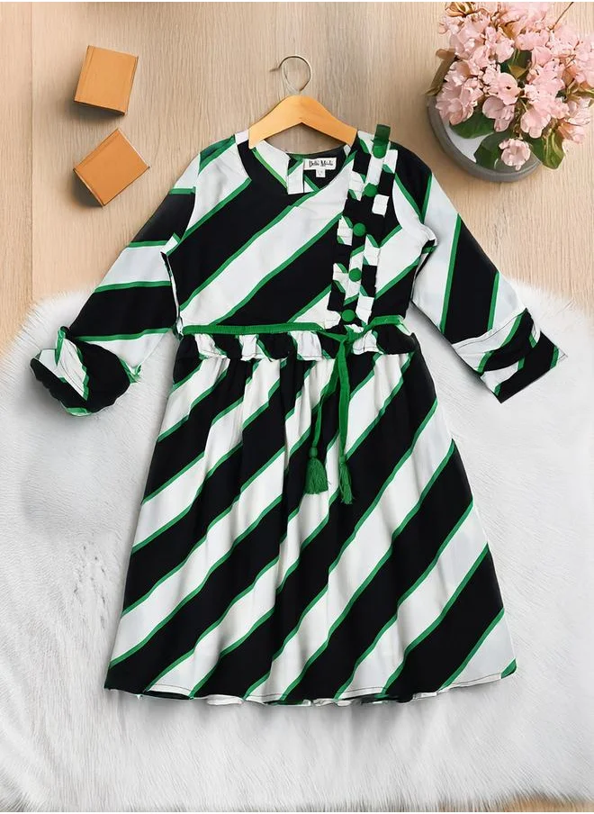 بيلا مودا Bella Moda Striped Ruffle Trim Cotton Dress with Tie-Up Detail