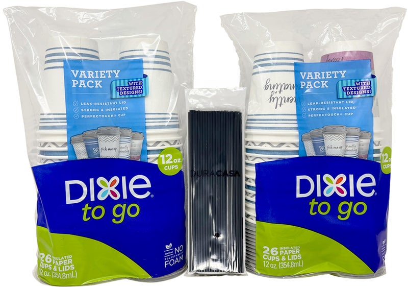 DuraCasa Straws and Dixie To Go Perfectouch 12 oz Paper Coffee Cups Lids and DrinkingStirring Sticks Bundle 26 Count Pack of 2 12 oz 52 Cups 52 Lids 50 Straws