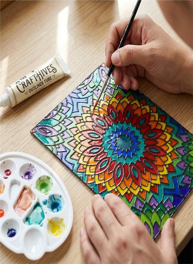 The Crafthives Mandala Glass Painting Kit | DIY Stained Glass Mandala Art Set with Acrylic Frames, Colours, Brushes & Outliner | Creative Glass Painting Craft Kit for Kids Beginners Adults - Image 4